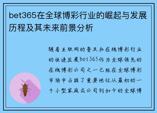 bet365在全球博彩行业的崛起与发展历程及其未来前景分析